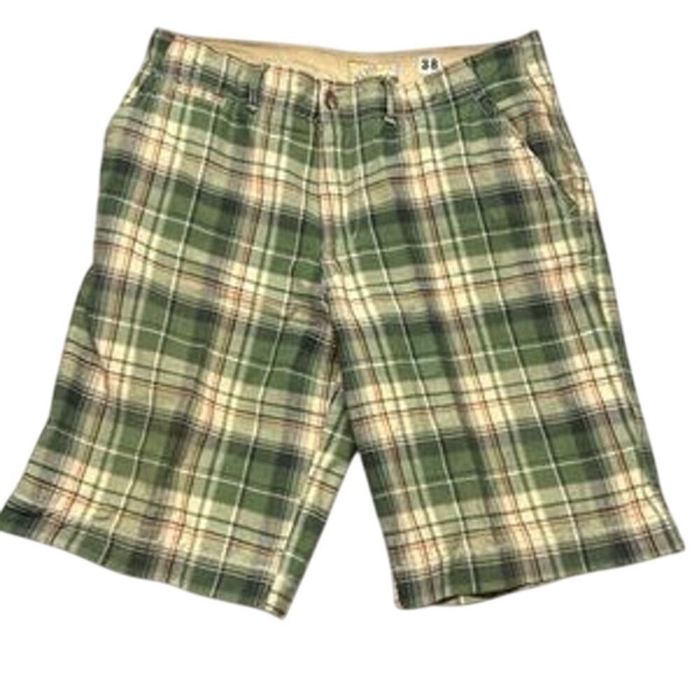 Men's Nobu No Boundaries Green Tan Plaid‎ Drawstring Bermuda Shorts Size 38